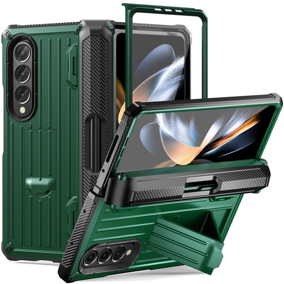 TECH CIRC Case for Samsung Galaxy Z Fold 4 Compatible with MagSafe, Heavy Duty Rugged PC Shockproof Hinge Protection Cover with Hidden Bracket Screen Protector S Pen Holder Case, Armygreen