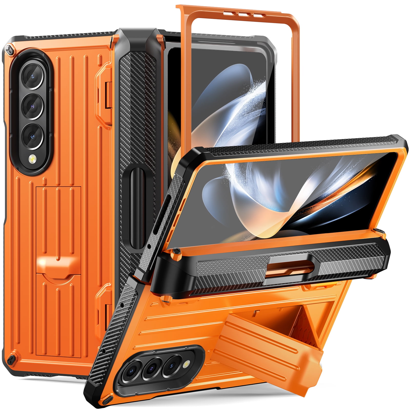 TECH CIRC Case for Samsung Galaxy Z Fold 4 Compatible with MagSafe, Heavy Duty Rugged PC Shockproof Hinge Protection Cover with Hidden Bracket Screen Protector S Pen Holder Galaxy Z Fold 4 Case,Orange