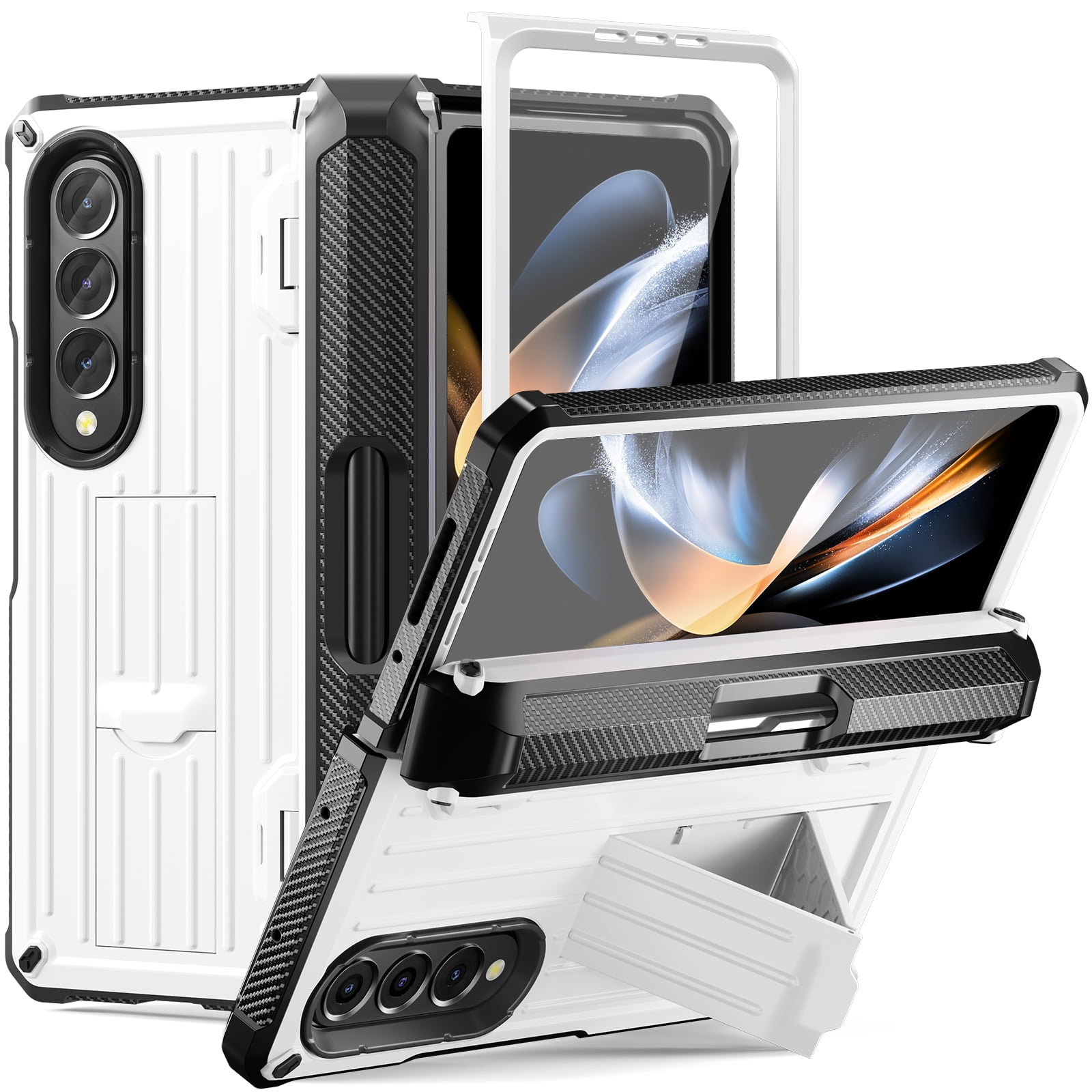 TECH CIRC Case for Samsung Galaxy Z Fold 4 Compatible with MagSafe, Heavy Duty Rugged PC Shockproof Hinge Protection Cover with Hidden Bracket Screen Protector S Pen Holder Galaxy Z Fold 4 Case,White