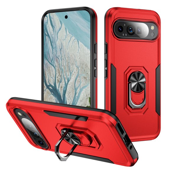 TECH CIRCE Rugged Shockproof Case for Google Pixel 8A, Built-in Rotating Ring Kickstand, Compatible with Magnetic Car Mount, Lightweight Slim Protective Bumper Case, Red + Black
