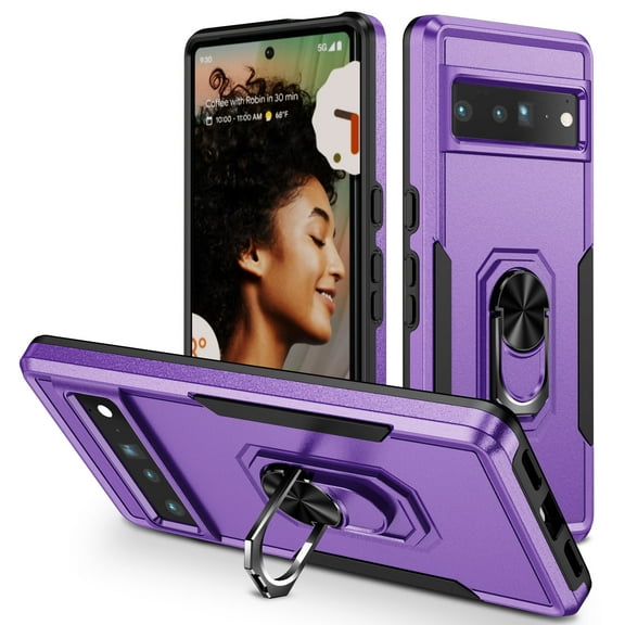 TECH CIRCE Rugged Shockproof Case for Google Pixel 9A, Built-in Rotating Ring Kickstand, Compatible with Magnetic Car Mount, Lightweight Slim Protective Bumper Case, Purple + Black