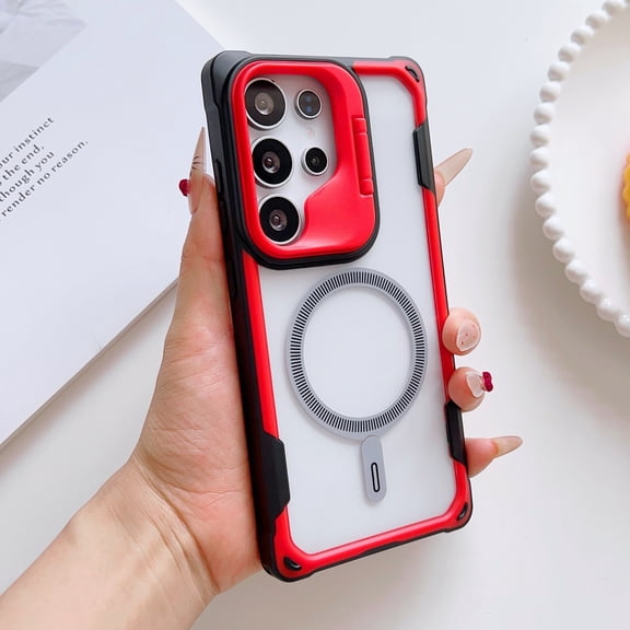 TECH CIRCE Shockproof Magnetic Phone Case for Galaxy S25, Built-in Kickstand, Compatible with MagSafe and Magnetic Car Mount, Clear Back Lightweight Impact-Resistant Protective Cover, Red