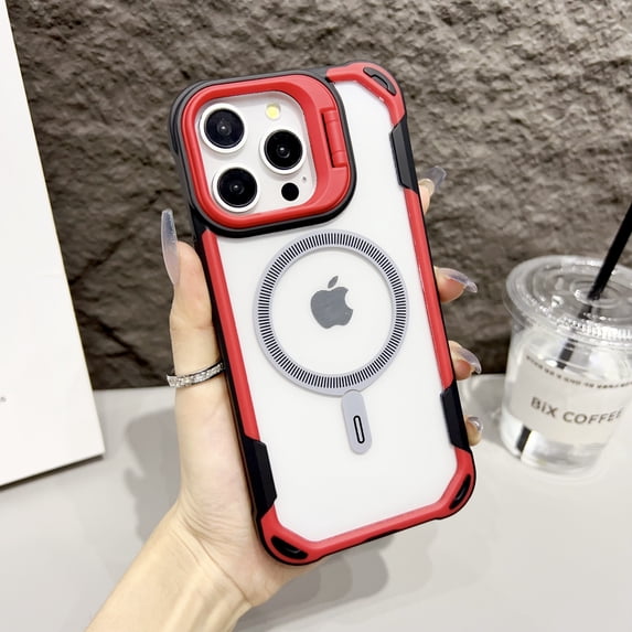 TECH CIRCE Shockproof Magnetic Phone Case for iPhone 16 Pro Max, Built-in Kickstand, Compatible with MagSafe and Magnetic Car Mount, Clear Back Lightweight Impact-Resistant Protective Cover, Red