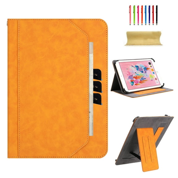 TECH CIRCLE for 10/10.1/10.3/10.4/10.5 Inch Tablet Android 11/12/13/14 Tablet Universal Case with Stand (Portrait/Landscape Viewing Angles)/Hand Strap/Pocket/Card Slots, PU Leather Folio Case, Yellow