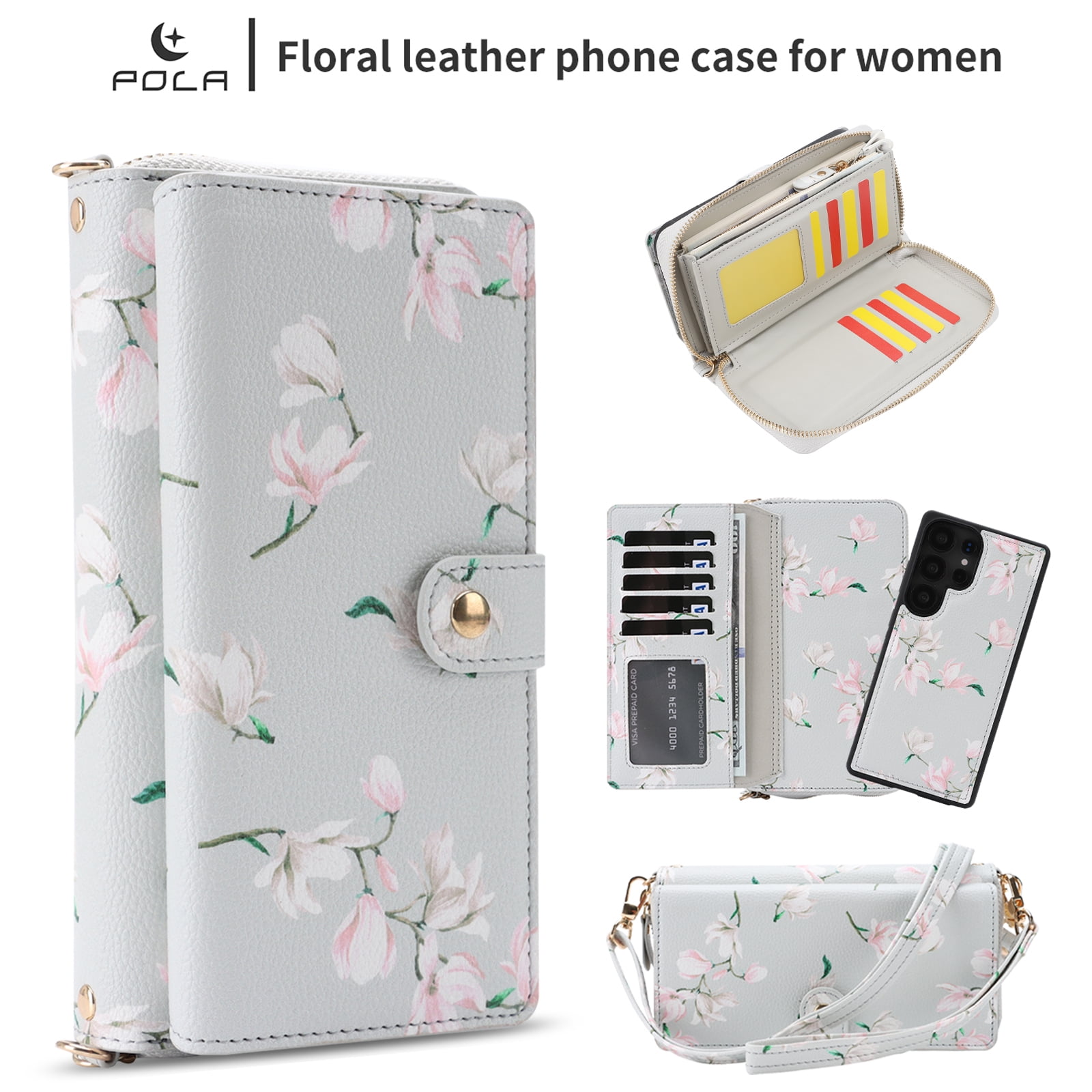 TECH CIRCLE 2-in-1 Wallet Case for Galaxy S23 (6.1", 2023), Detachable Magnetic Back Cover, PU Leather Flip Flower Phone Case with 15 Card Slots, Zipper Pocket, Wrist/Shoulder Strap, Gray