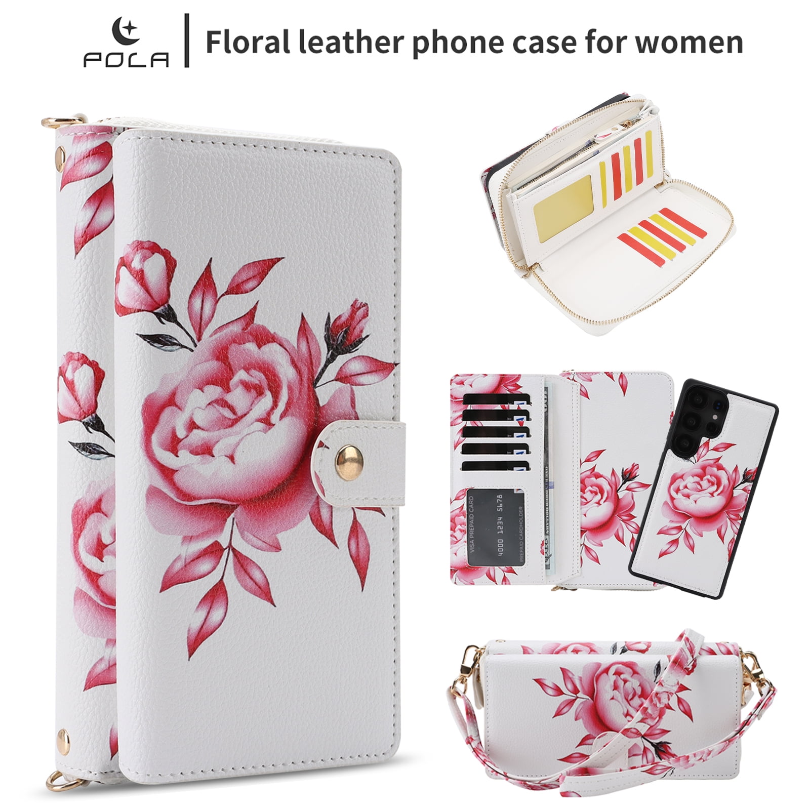 TECH CIRCLE 2-in-1 Wallet Case for Galaxy S23 (6.1", 2023), Detachable Magnetic Back Cover, PU Leather Flip Flower Phone Case with 15 Card Slots, Zipper Pocket, Wrist/Shoulder Strap, White