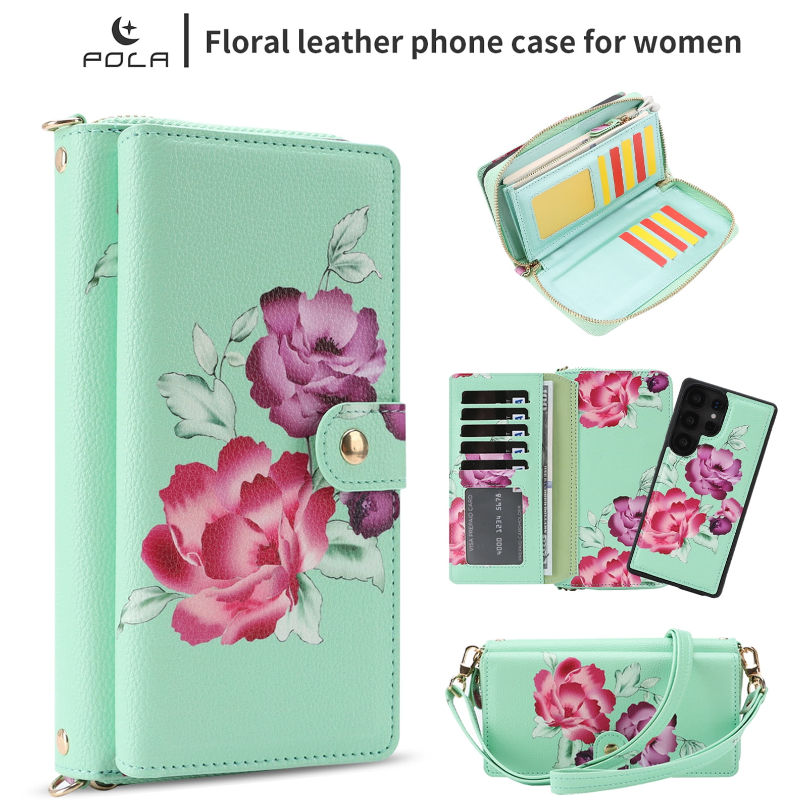TECH CIRCLE 2-in-1 Wallet Case for Galaxy S23 (6.1", 2023), Detachable Magnetic Back Cover, PU Leather Flip Flower Phone Case with 15 Card Slots, Zipper Pocket, Wrist/Shoulder Strap, Green