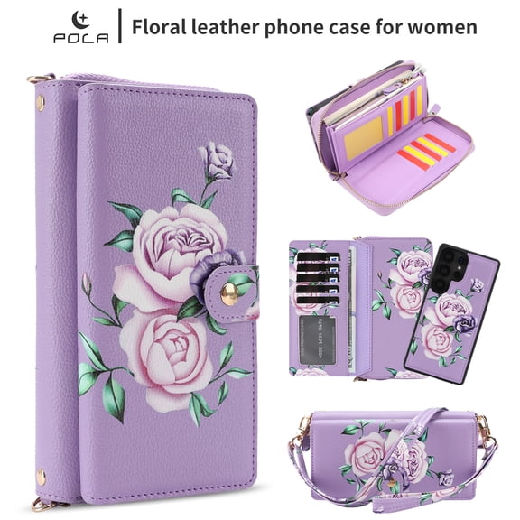 TECH CIRCLE 2-in-1 Wallet Case for Galaxy S23 (6.1", 2023), Detachable Magnetic Back Cover, PU Leather Flip Flower Phone Case with 15 Card Slots, Zipper Pocket, Wrist/Shoulder Strap, Purple
