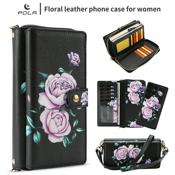 TECH CIRCLE 2-in-1 Wallet Case for Galaxy S24 Ultra (6.8", 2024), Detachable Magnetic Back Cover, PU Leather Flip Flower Phone Case with 15 Card Slots, Zipper Pocket, Wrist/Shoulder Strap, Black