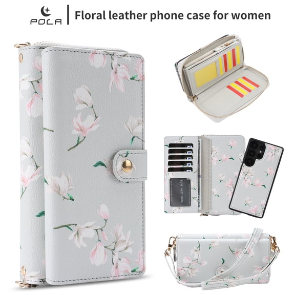 TECH CIRCLE 2-in-1 Wallet Case for Galaxy S25 Ultra (6.9", 2025), Detachable Magnetic Back Cover, PU Leather Flip Flower Phone Case with 15 Card Slots, Zipper Pocket, Wrist/Shoulder Strap, Gray