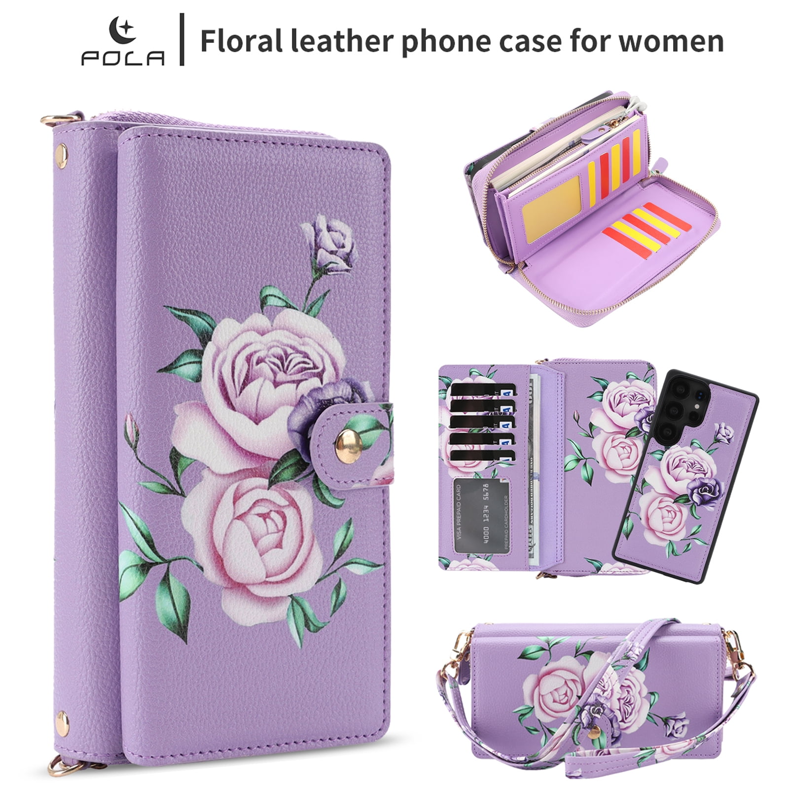 TECH CIRCLE 2-in-1 Wallet Case for Galaxy S25 Ultra (6.9", 2025), Detachable Magnetic Back Cover, PU Leather Flip Flower Phone Case with 15 Card Slots, Zipper Pocket, Wrist/Shoulder Strap, Purple
