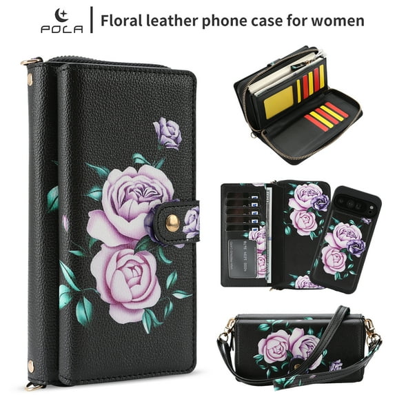 TECH CIRCLE 2-in-1 Wallet Case for Google Pixel 10 / 10 Pro (6.3", 2025), Detachable Magnetic Back Cover, Flip Flower Phone Case with 15 Card Slots, Zipper Pocket, Crossbody Strap, Wrist Strap, Black