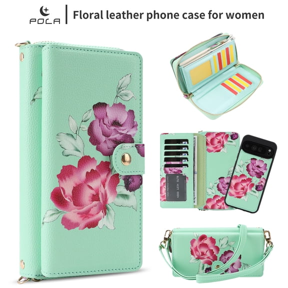 TECH CIRCLE 2-in-1 Wallet Case for Google Pixel 10 / 10 Pro (6.3", 2025), Detachable Magnetic Back Cover, Flip Flower Phone Case with 15 Card Slots, Zipper Pocket, Crossbody Strap, Wrist Strap, Green