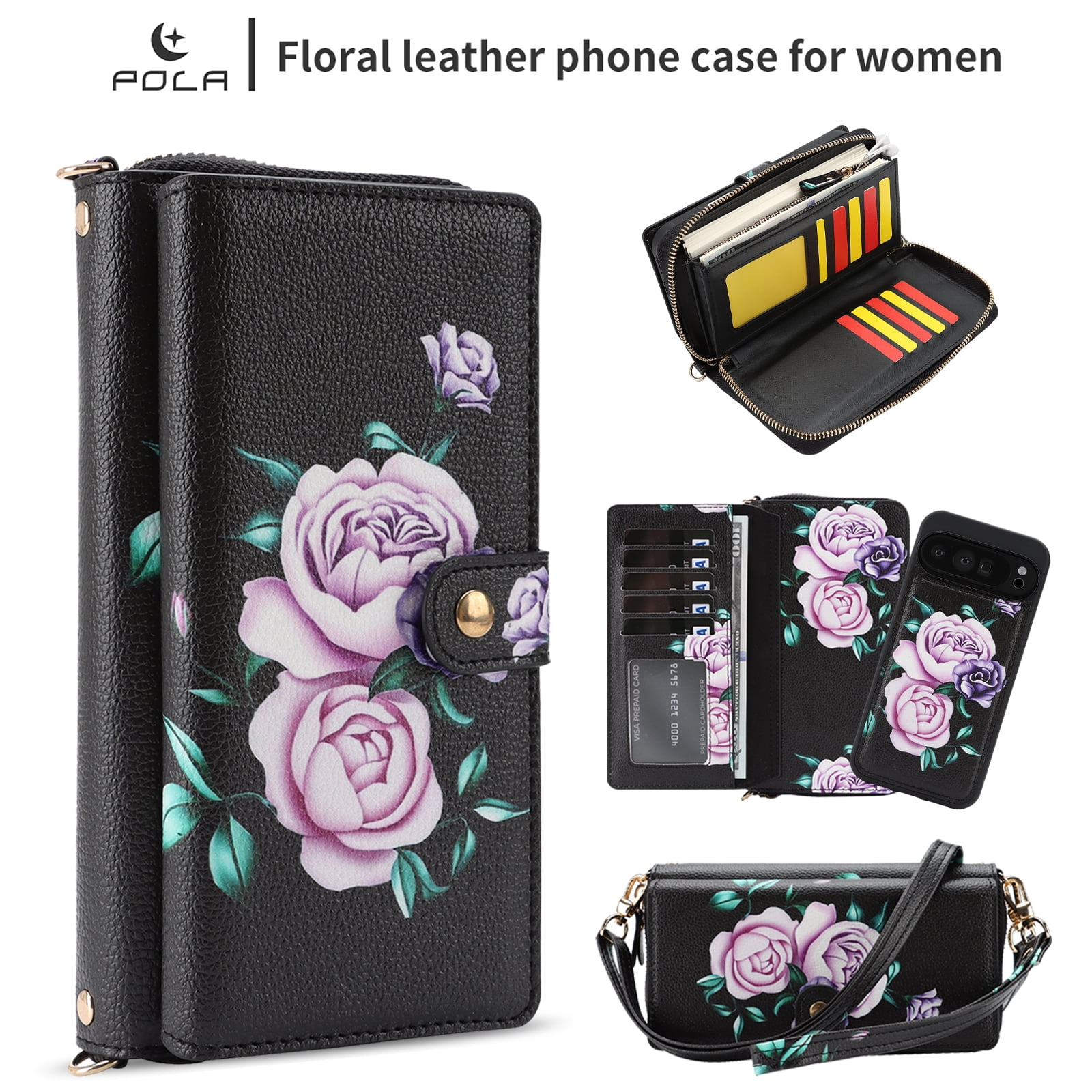 TECH CIRCLE 2-in-1 Wallet Case for Google Pixel 10 Pro XL (6.8", 2025), Detachable Magnetic Back Cover, Flip Flower Phone Case with 15 Card Slots, Zipper Pocket, Crossbody Strap, Wrist Strap, Black