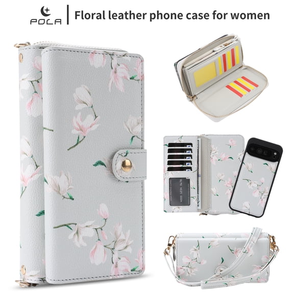 TECH CIRCLE 2-in-1 Wallet Case for Google Pixel 9 Pro XL (6.8", 2024), Detachable Magnetic Back Cover, Flip Flower Phone Case with 15 Card Slots, Zipper Pocket, Crossbody Strap, Wrist Strap, Gray