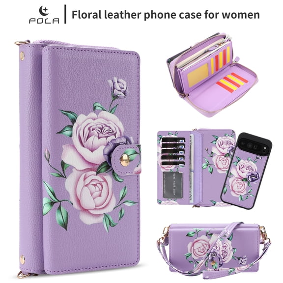 TECH CIRCLE 2-in-1 Wallet Case for Google Pixel 9 Pro XL (6.8", 2024), Detachable Magnetic Back Cover, Flip Flower Phone Case with 15 Card Slots, Zipper Pocket, Crossbody Strap, Wrist Strap, Purple