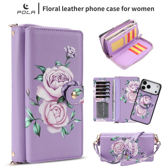 TECH CIRCLE 2-in-1 Wallet Case for iPhone 12 Pro / 12 (6.1", 2020), Detachable Magnetic Back Cover, Flip Flower Phone Case with 15 Card Slots, Zipper Pocket, Crossbody Strap, Wrist Strap, Purple