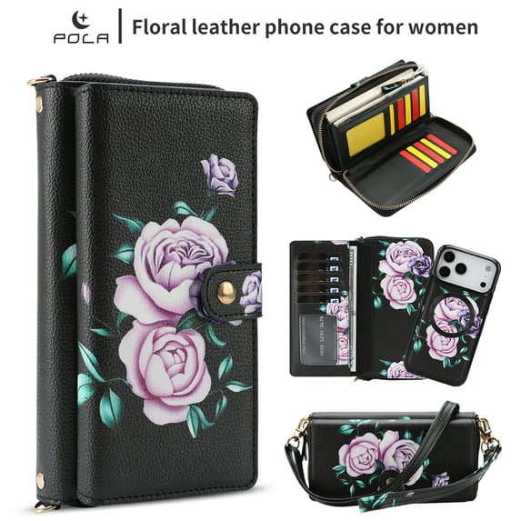 TECH CIRCLE 2-in-1 Wallet Case for iPhone 13 (6.1", 2021), Detachable Magnetic Back Cover, Flip Flower Phone Case with 15 Card Slots, Zipper Pocket, Crossbody Strap, Wrist Strap, Black