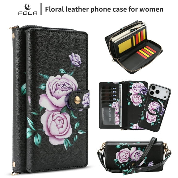 TECH CIRCLE 2-in-1 Wallet Case for iPhone 14 Plus (6.7", 2022), Detachable Magnetic Back Cover, Flip Flower Phone Case with 15 Card Slots, Zipper Pocket, Crossbody Strap, Wrist Strap, Black