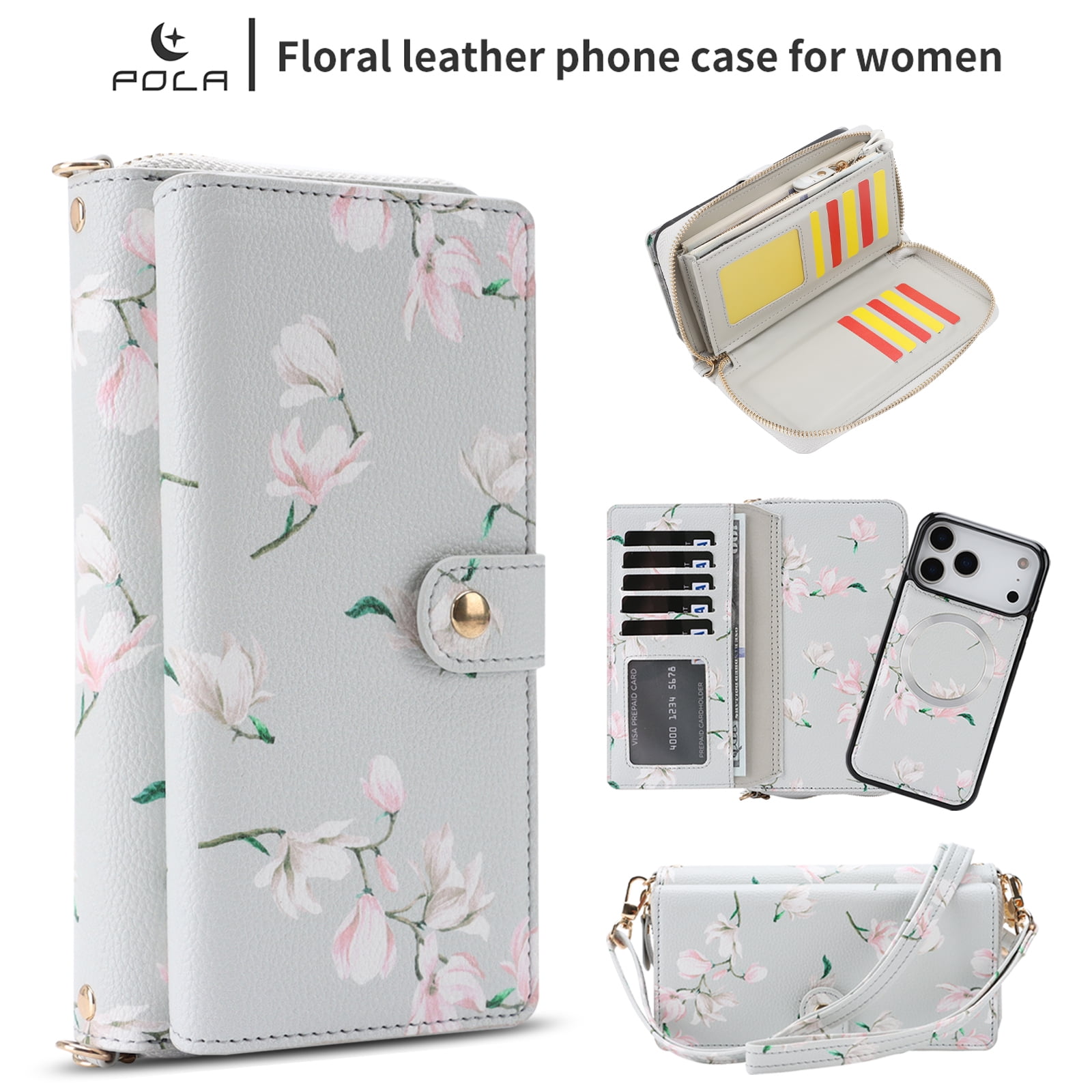 TECH CIRCLE 2-in-1 Wallet Case for iPhone 16 Pro (6.3", 2024), Detachable Magnetic Back Cover, Flip Flower Phone Case with 15 Card Slots, Zipper Pocket, Crossbody Strap, Wrist Strap, Gray