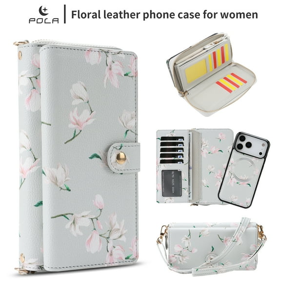 TECH CIRCLE 2-in-1 Wallet Case for iPhone 17 (6.3", 2025), Detachable Magnetic Back Cover, Flip Flower Phone Case with 15 Card Slots, Zipper Pocket, Crossbody Strap, Wrist Strap, Gray