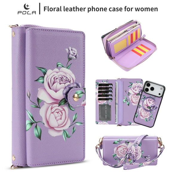 TECH CIRCLE 2-in-1 Wallet Case for iPhone 17 Air (6.5", 2025), Detachable Magnetic Back Cover, Flip Flower Phone Case with 15 Card Slots, Zipper Pocket, Crossbody Strap, Wrist Strap, Purple