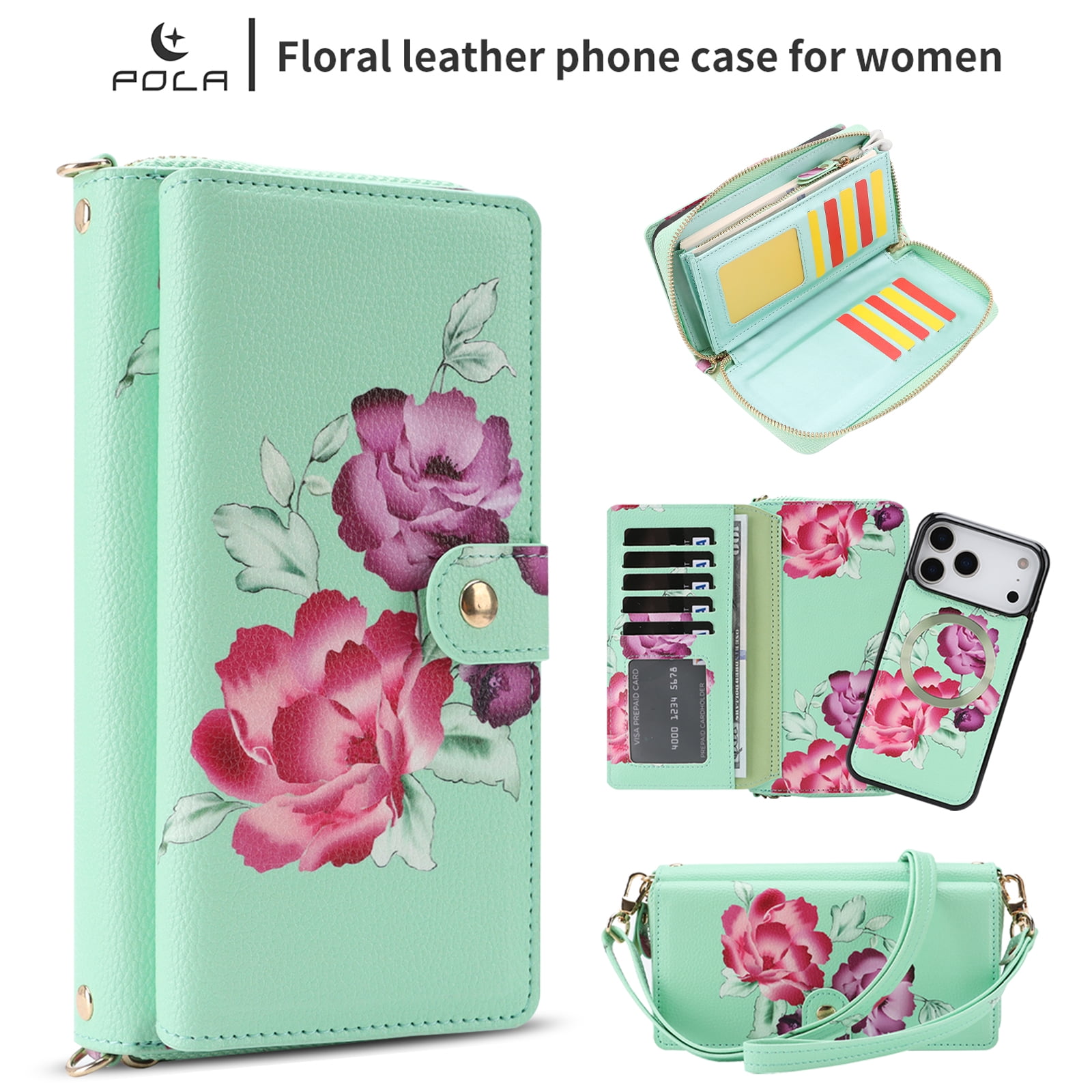 TECH CIRCLE 2-in-1 Wallet Case for iPhone 17 Air (6.5", 2025), Detachable Magnetic Back Cover, Flip Flower Phone Case with 15 Card Slots, Zipper Pocket, Crossbody Strap, Wrist Strap, Green