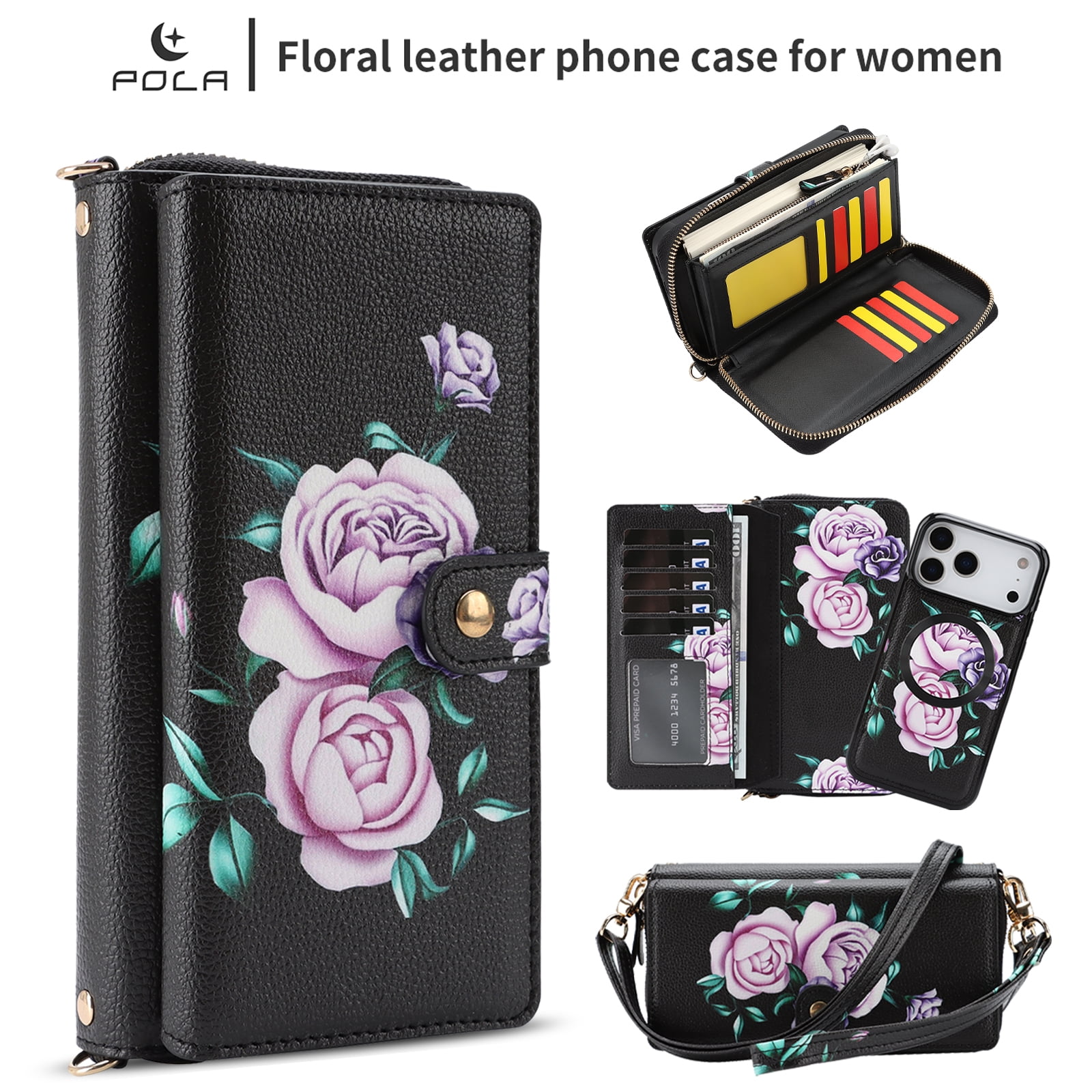 TECH CIRCLE 2-in-1 Wallet Case for iPhone 17 Air (6.5", 2025), Detachable Magnetic Back Cover, Flip Flower Phone Case with 15 Card Slots, Zipper Pocket, Crossbody Strap, Wrist Strap, Black