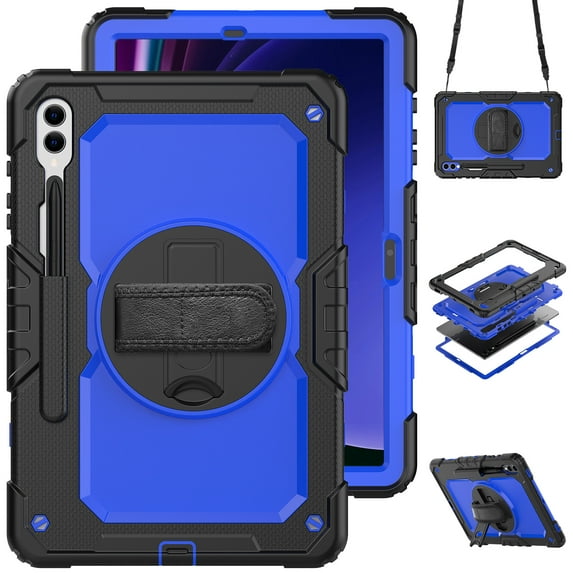 TECH CIRCLE 3-in-1 Case for Galaxy Tab S9 Plus 2023 Tablet Model SM-X810 12.4", Shockproof Hard Case with Screen Protector/Pen Holder/Rotate Kickstand/Adjustable Hand Strap/Shoulder Strap, Blue/Black