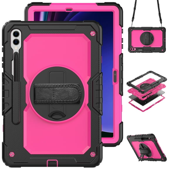 TECH CIRCLE 3-in-1 Case for Galaxy Tab S9 Plus 2023 Tablet SM-X810 12.4", Shockproof Rugged Case with Screen Protector/Pen Holder/Rotating Kickstand/Adjustable Hand Strap/Shoulder Strap, Rose/Black