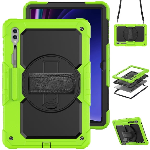TECH CIRCLE 3-in-1 Case for Galaxy Tab S9 Ultra 2023 Tablet SM-X910 14.6", Shockproof Multifunctional Case with Screen Protector/Pen Holder/Rotate Kickstand/Adjustable Hand Strap/Shoulder Strap, Green