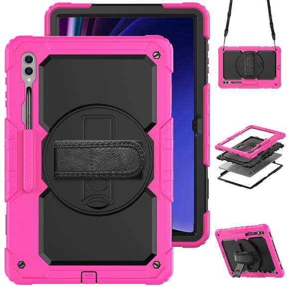 TECH CIRCLE 3-in-1 Case for Galaxy Tab S9 Ultra 2023 TabletSM-X910 14.6", Shockproof Multifunctional Case with Screen Protector/Pen Holder/Rotating Kickstand/Adjustable Hand Strap/Shoulder Strap, Rose