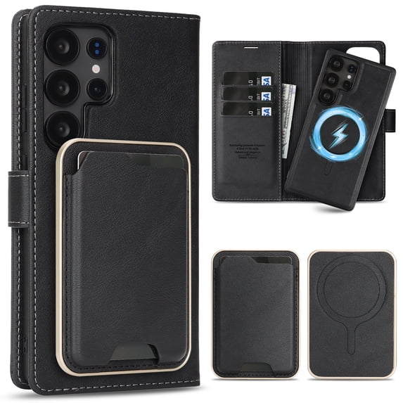 TECH CIRCLE 3-in-1 Phone Case for Galaxy S23 Ultra 6.8" (2023), Magnetic Flip Wallet Case with Detachable Magnetic Back Cover and PU Leather Card Holder, Compatible with MagSafe Accessory, Black