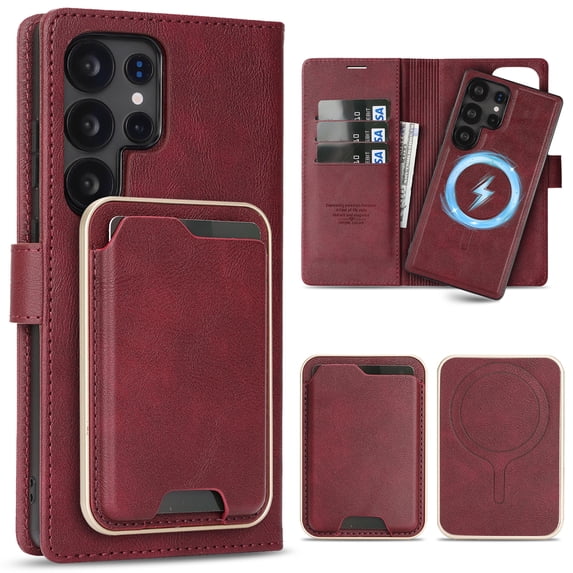 TECH CIRCLE 3-in-1 Phone Case for Galaxy S23 Ultra 6.8" (2023), Magnetic Flip Wallet Case with Detachable Magnetic Back Cover and PU Leather Card Holder, Compatible with MagSafe Accessory, Red