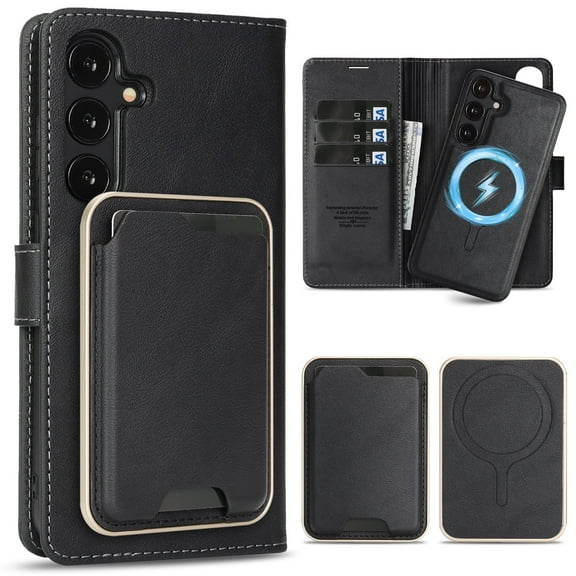 TECH CIRCLE 3-in-1 Phone Case for Galaxy S25 6.2" (2025), Magnetic Flip Wallet Case with Detachable Magnetic Back Cover and PU Leather Card Holder, Compatible with MagSafe Accessory, Black