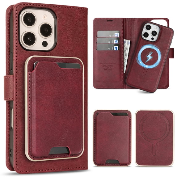 TECH CIRCLE 3-in-1 Phone Case for iPhone 13 Pro Max (2021 Release, 6.7"), Magnetic Flip Wallet Case with Detachable Magnetic Back Cover and Card Holder, Compatible with MagSafe Accessory, Red