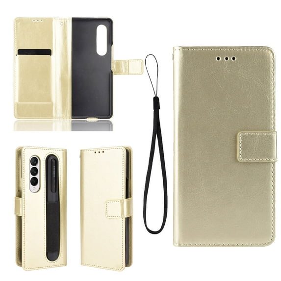 TECH CIRCLE 360 Full Protection Case For Samsung Galaxy Z Fold 4,Luxury PU Leather Card Wallet with Pen Holder Shockproof Folding Cover+ Hand Strap.For Samsung Galaxy Z Fold 4,Gold