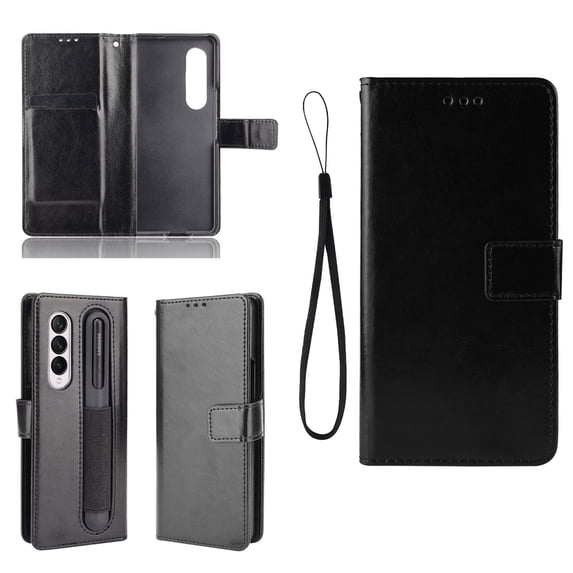 TECH CIRCLE 360 Full Protection Case For Samsung Galaxy Z Fold 4,Luxury PU Leather Card Wallet with Pen Holder Shockproof Folding Cover+ Hand Strap.For Samsung Galaxy Z Fold 4,Black