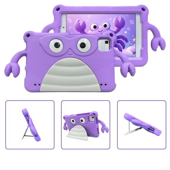 TECH CIRCLE 3D Cartoon Crab Shockproof Case for Most 8 inch Tablet, Built-in Kickstand, Protective, Lightweight, Drop Proof, Scratch Resistant, Durable TPU Cute Cover for Kid, Lightpurple