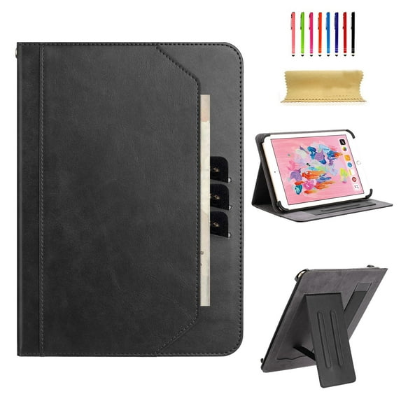 TECH CIRCLE for 7 Inch Tablet Android 11/12/13/14 Tablet Universal Case with Stand (Portrait/Landscape Viewing Angles)/Hand Strap/Front Pocket/Card Slots, PU Leather Folio Case with Lanyard, Black