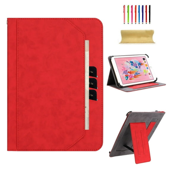 TECH CIRCLE for 7 Inch Tablet Android 11/12/13/14 Tablet Universal Case with Stand (Portrait/Landscape Viewing Angles)/Hand Strap/Front Pocket/Card Slots, PU Leather Folio Case with Lanyard, Red