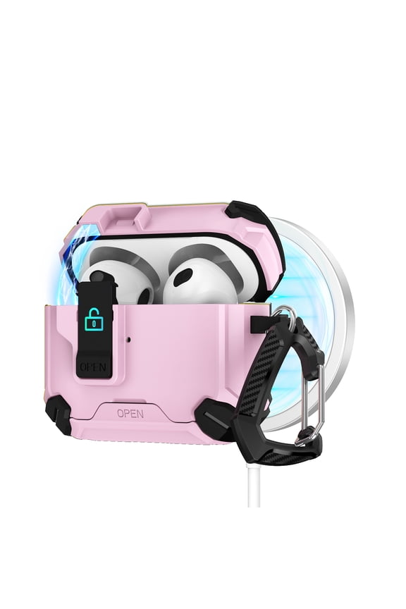 TECH CIRCLE for Apple AirPods 3 (3rd Gen, 2021 Release) Magnetic Case with Keychain, Safety Lock Clip, Compatible with MagSafe Charging, Lightweight Protective Hard Shell Headphone Cover, Pink