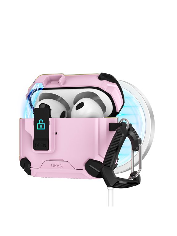 TECH CIRCLE for Apple AirPods 3 (3rd Gen, 2021 Release) Magnetic Case with Keychain, Safety Lock Clip, Compatible with MagSafe Charging, Lightweight Protective Hard Shell Headphone Cover, Pink