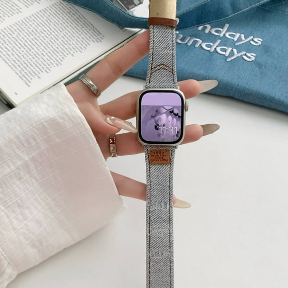 TECH CIRCLE for Apple Watch Band Denim Strap 42/44/45/49mm, Classic Canvas Fabric pu Leather iWatch Wristbands Fashion Men Women Strap for Apple Watch Ultra 1/2 Series 9/SE/8/7/6/5/4/3/2/1,Grey