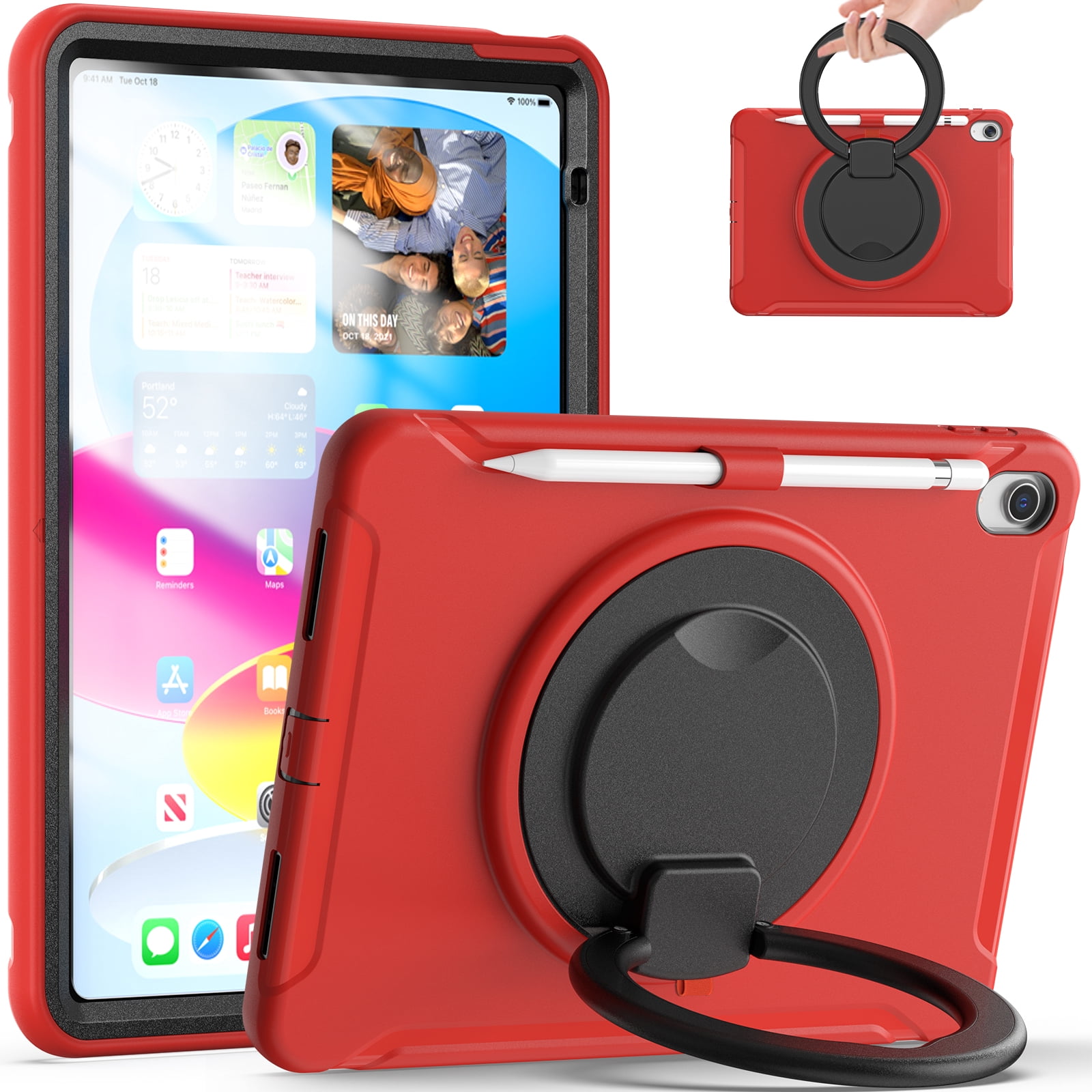 TECH CIRCLE for Apple iPad 10th Generation Case 10.9 inch 2022,360 Rotation Stand Heavy Duty Shockproof Rugged Soft Silicone Protective Case with Pencil Holder for Kids Girls Women,Red