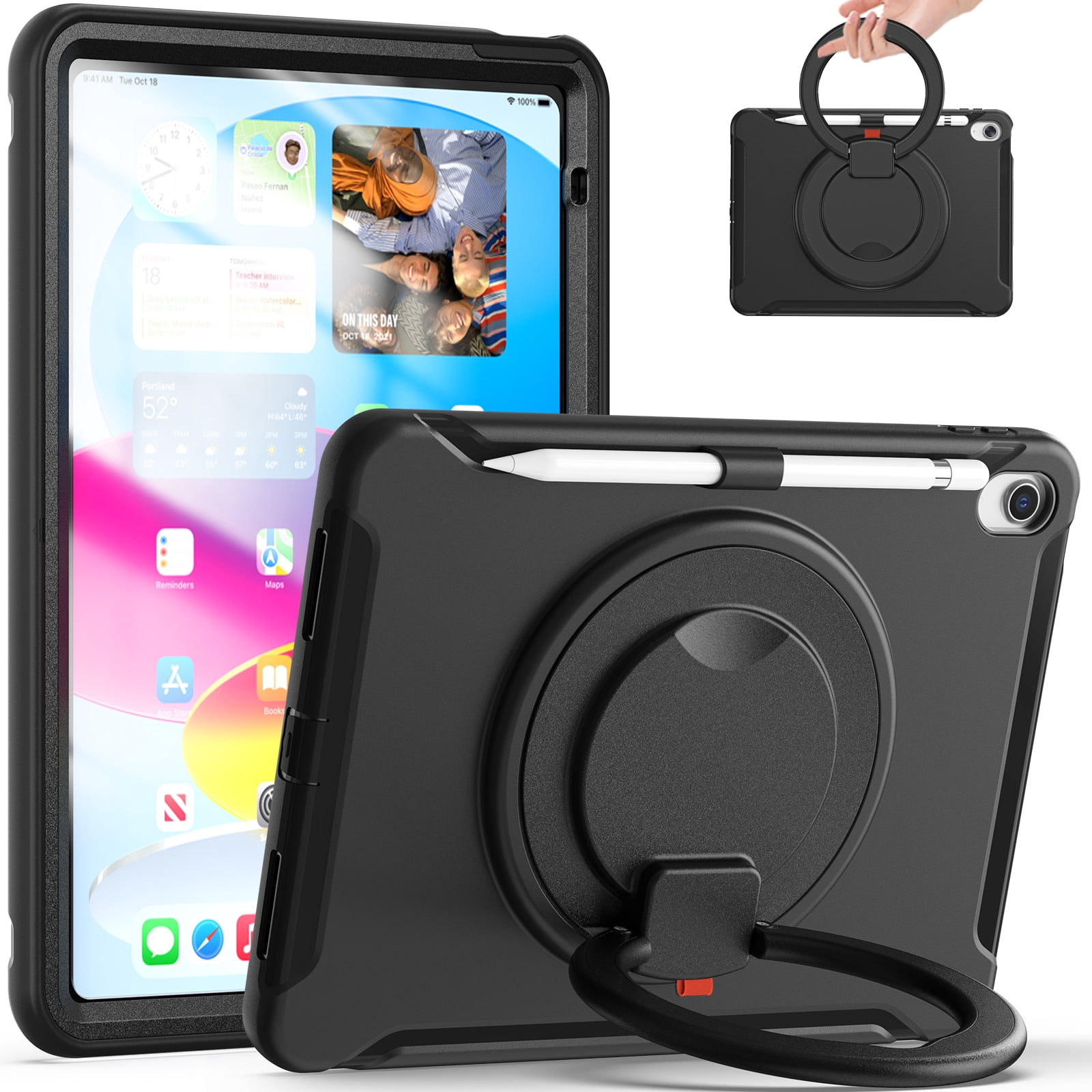 TECH CIRCLE for Apple iPad 10th Generation Case 10.9 inch 2022,360 Rotation Stand Heavy Duty Shockproof Rugged Soft Silicone Protective Case with Pencil Holder for Kids Girls Women,Black