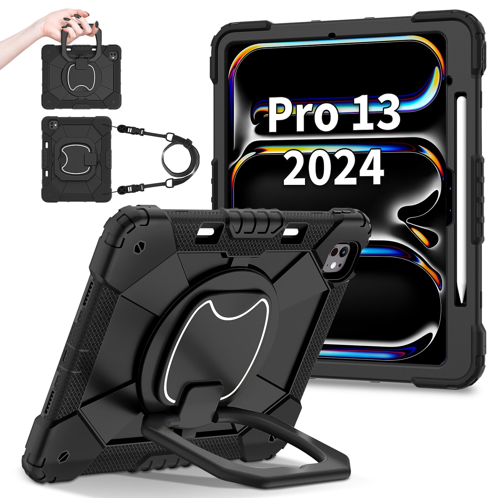 TECH CIRCLE for Apple iPad Air 13-inch (M2) Back Cover Case 13" 2024 Release, Kids Portable Shockproof Case with Pencil Holder and Rotate Kickstand/Handle, Adjustable Shoulder Strap Included, Black