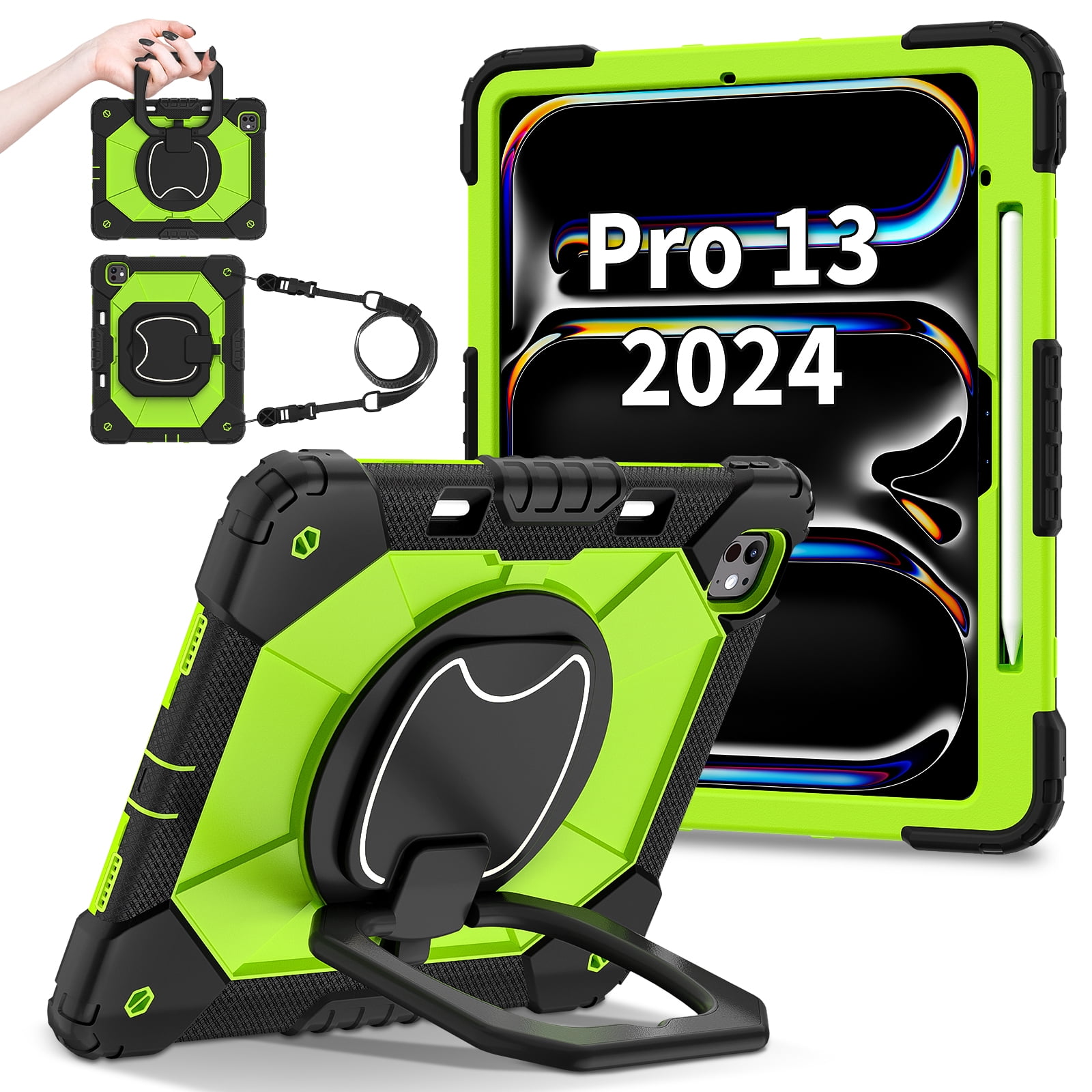 TECH CIRCLE for Apple iPad Air 13-inch (M2) Back Cover Case 2024 Release, Kids Portable Shockproof Case with Pencil Holder and Rotate Kickstand/Handle, Adjustable Shoulder Strap Included, Black Green