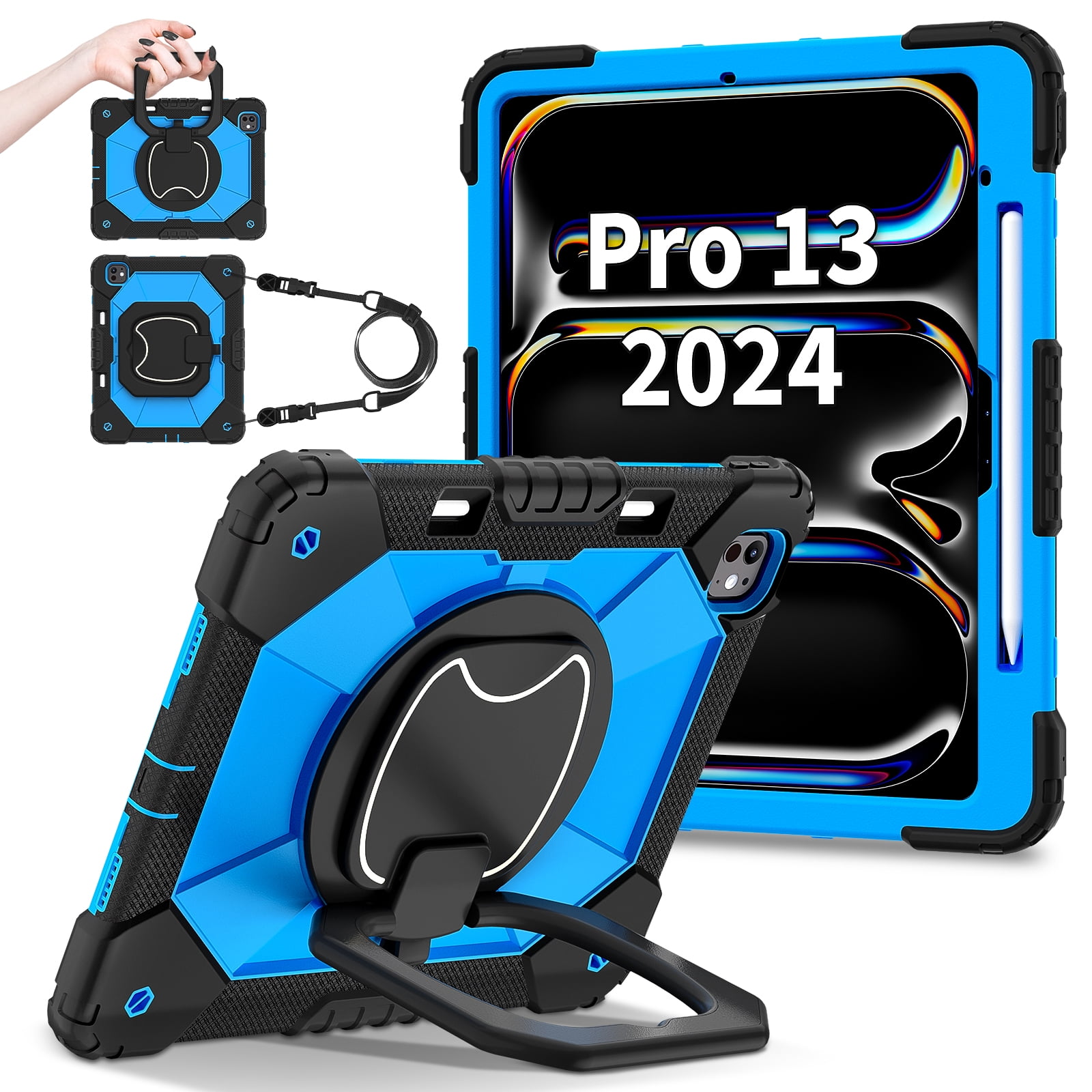 TECH CIRCLE for Apple iPad Air 13-inch (M2) Back Cover Case 2024 Release, Kids Portable Shockproof Case with Pencil Holder and Rotate Kickstand/Handle, Adjustable Shoulder Strap Included, Black Blue