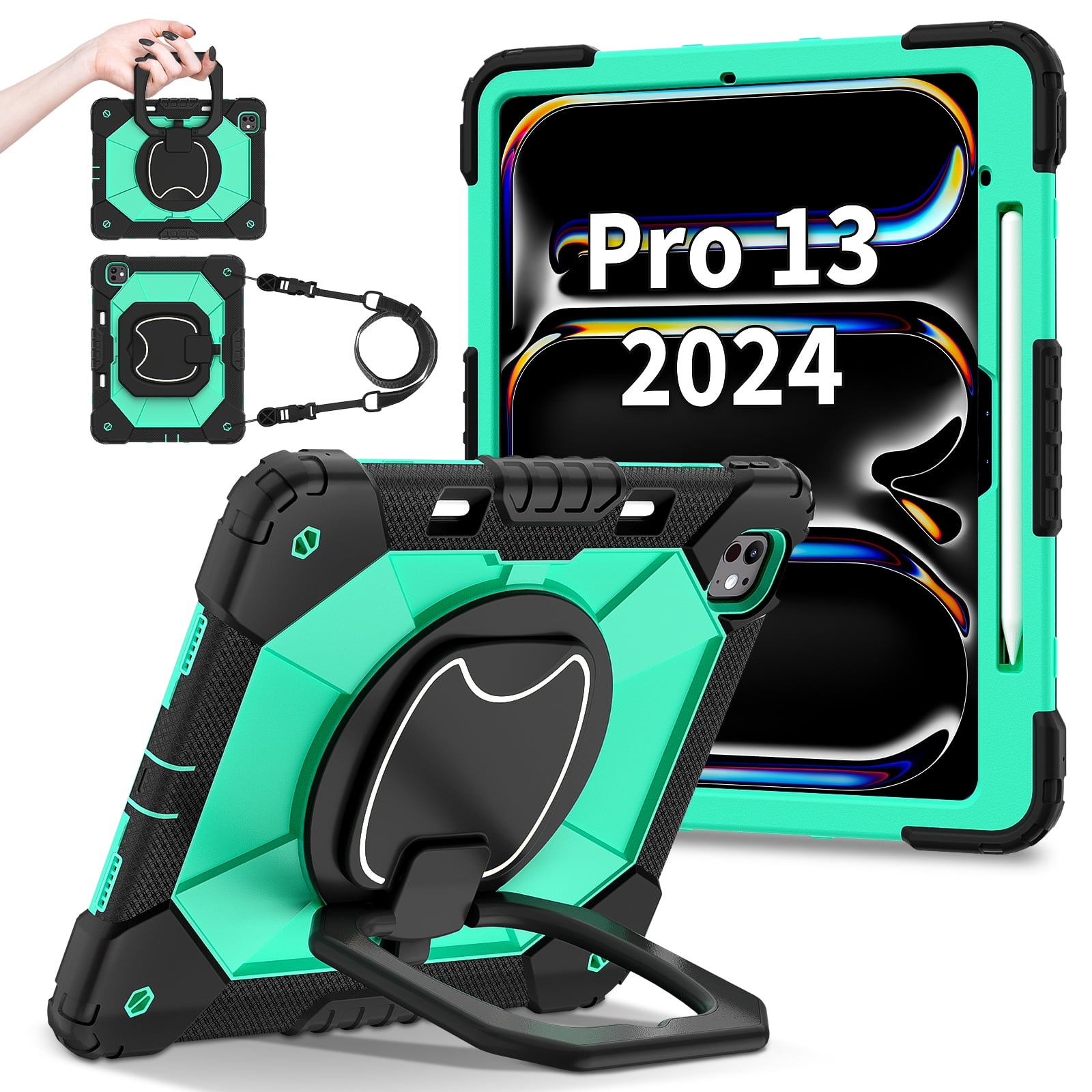 TECH CIRCLE for Apple iPad Air 13-inch (M2) Back Cover Case 2024 Release, Kids Portable Shockproof Case with Pencil Holder and Rotate Kickstand/Handle, Adjustable Shoulder Strap Included, Black Mint